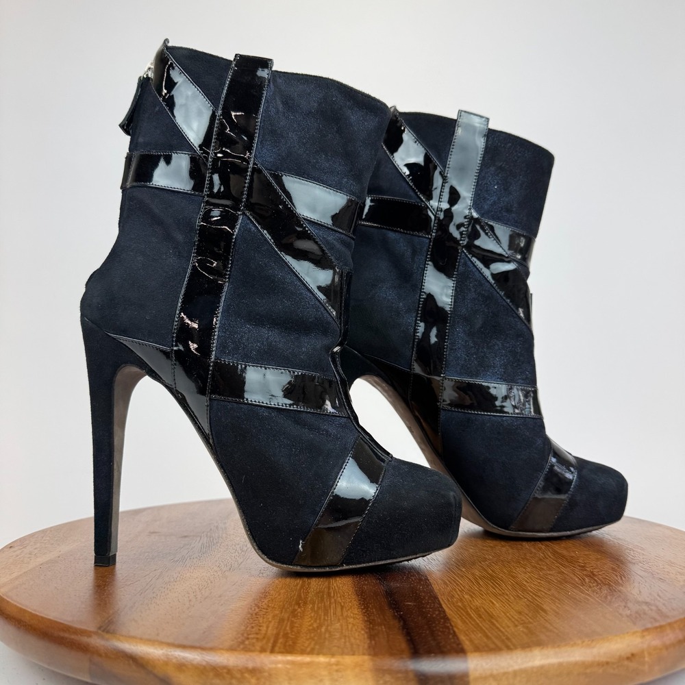 Womens Aperlai Blue Suede‎ Square Toe Heeled Boots Booties Size 39.5 US 9.5 M